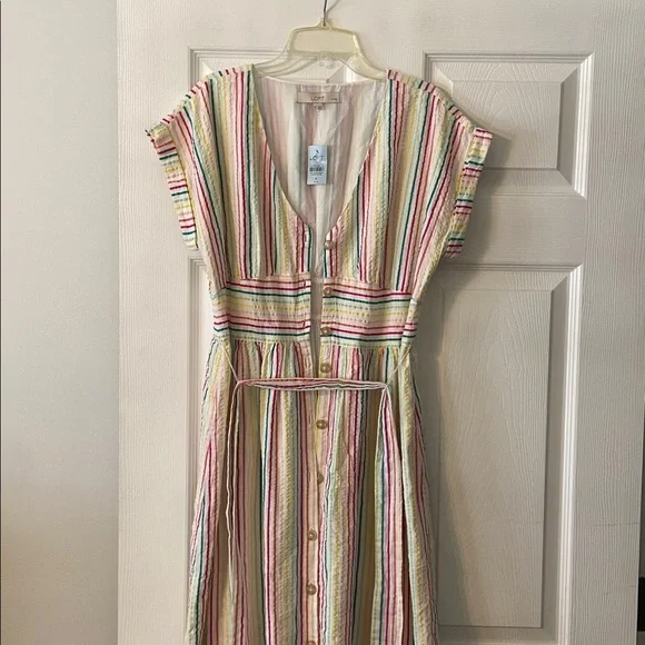 LOFT Colorful Striped Midi Summer Dress bottoms down size 8P brand new - Picture 2 of 12